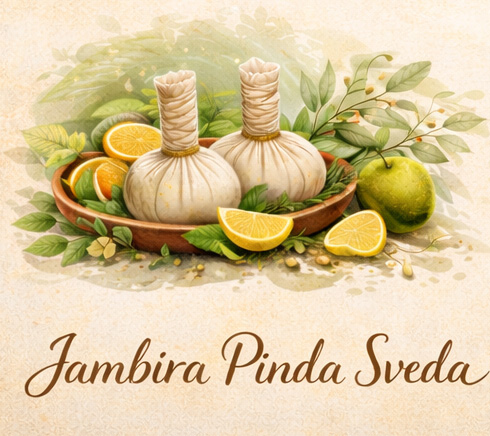Jambira Pinda Sveda, die ayurvedische Zitronen-Kräuterstempel-Anwendung (© KI generiertes Bild) Jambira Pinda Sveda, die ayurvedische Zitronen-Kräuterstempel-Anwendung