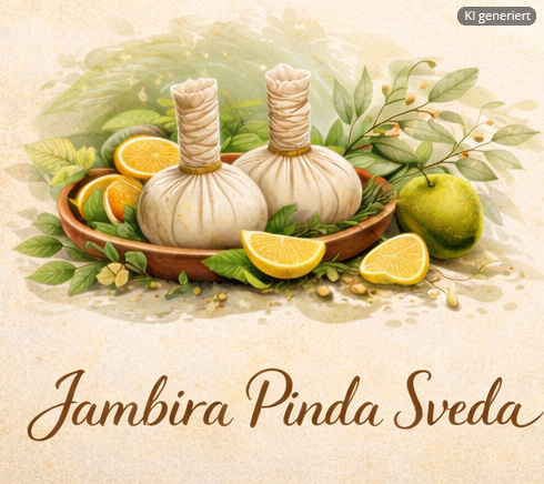 Jambira Pinda Sveda, die ayurvedische Zitronen-Kräuterstempel-Anwendung (© KI generiertes Bild) Jambira Pinda Sveda, die ayurvedische Zitronen-Kräuterstempel-Anwendung