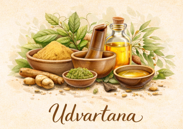 Udvartana, die ayurvedische Ganzkörper-Kräuterpulver-Anwendung (© KI generiertes Bild) Udvartana, die ayurvedische Ganzkörper-Kräuterpulver-Anwendung