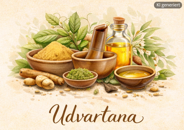 Udvartana, die ayurvedische Ganzkörper-Kräuterpulver-Anwendung (© KI generiertes Bild) Udvartana, die ayurvedische Ganzkörper-Kräuterpulver-Anwendung